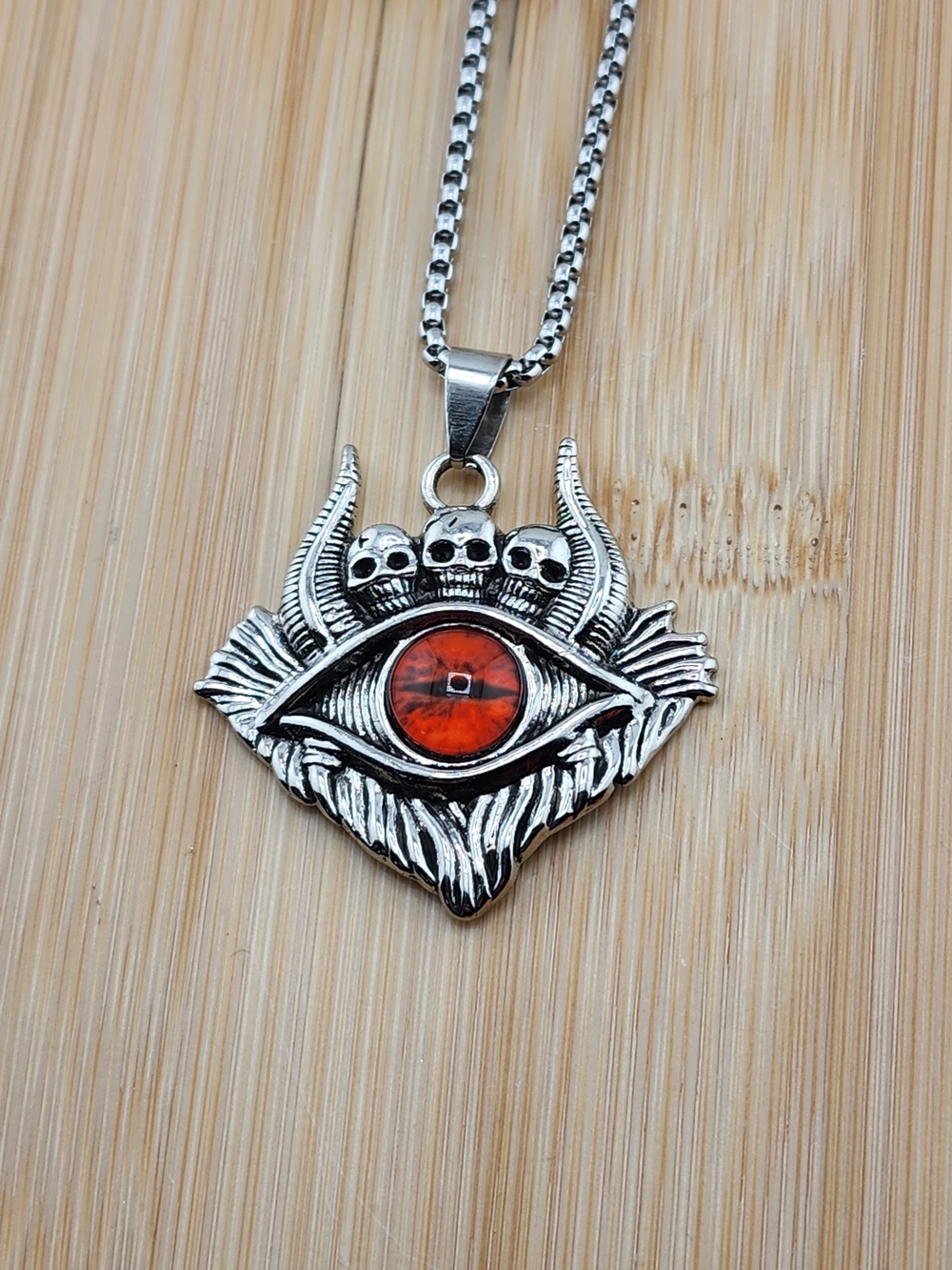 23in Silver Gothic Eye Pendant Necklace with Red Stone 0634